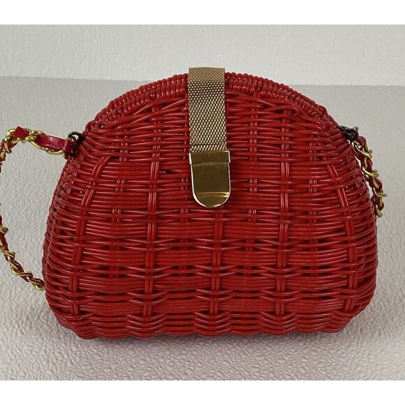 Red Woven Hard Shell Lined Crossbody 21" Gold Chain Strap Bag Gold Snap READ - Picture 4 of 16